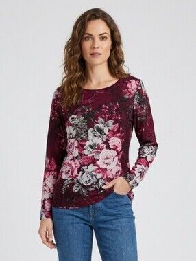 Reflections Floral Long-Sleeve Top in Burgundy and Pink size XL